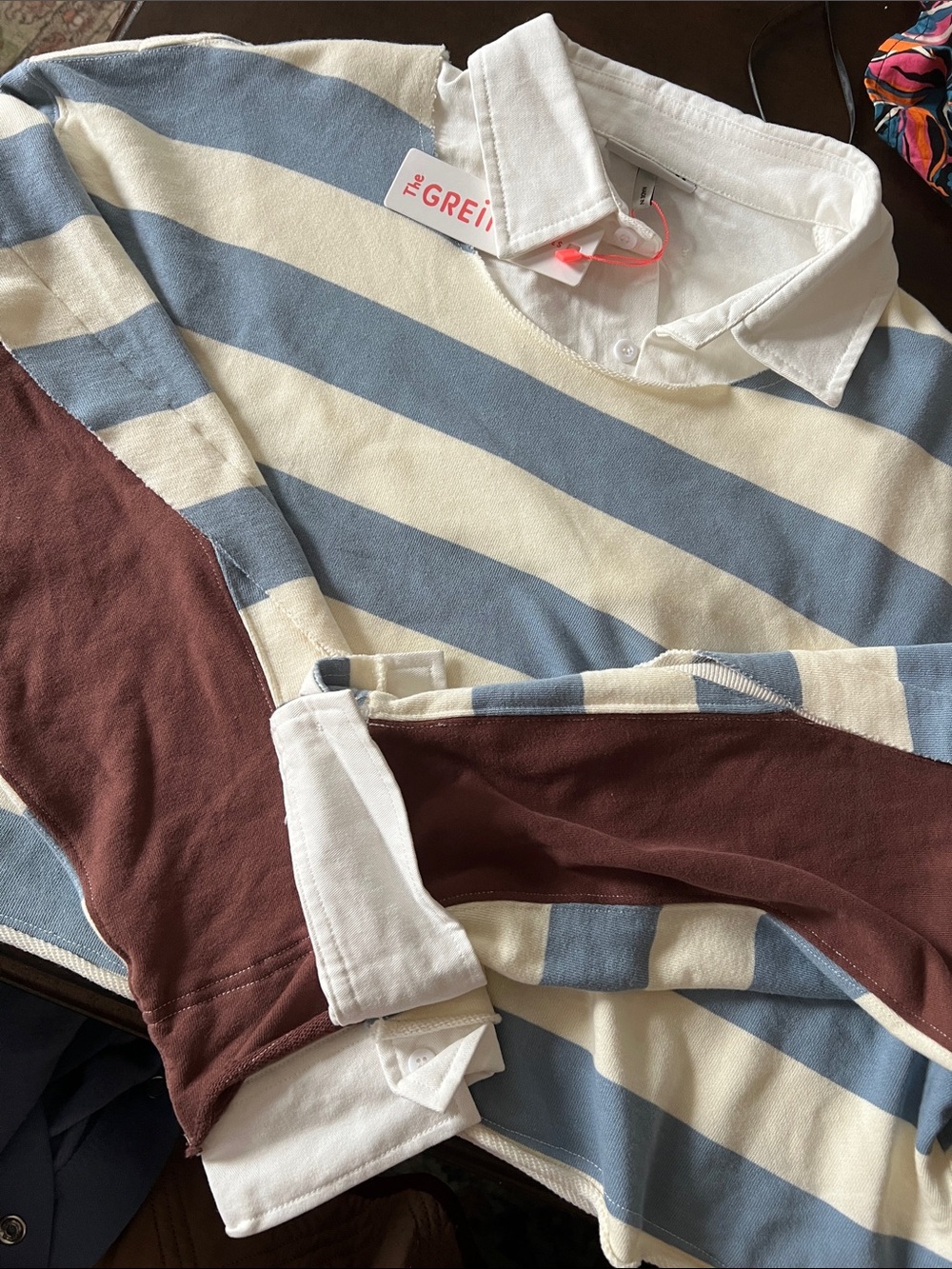 THE GREAT. Women's Cropped Rugby Top in Blue & Cream with Brown Panels